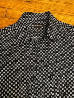 Michael Kors Black Button-Up Shirt with White MK Geo Print New W/O Tags L Slim